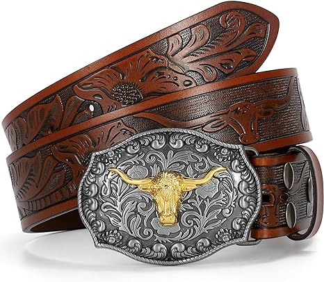 VONMELLI Western Leather Buckle Belt for Men Women Floral Engraved Cowboy Belt Longhorn Bull Buckle Waist Belt for Jeans